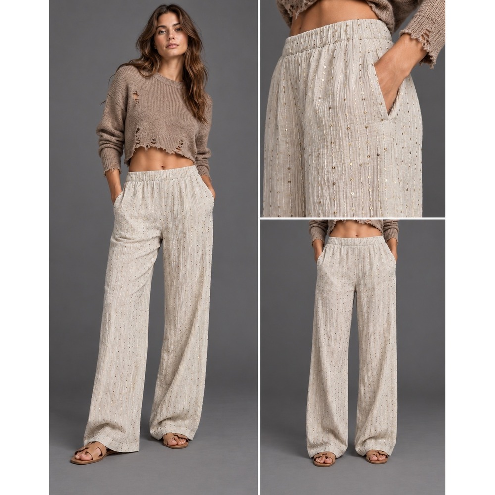 JM Collection Womens Wide Leg Sequin Pants Stonewall Beige Elastic Waist Small